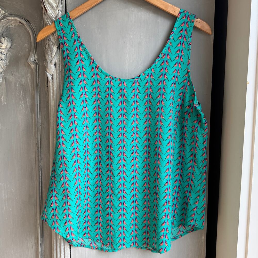 B Jewel Turquoise Scoop Neck Bird Print Tank Top Orange Trim Zipper Back Large